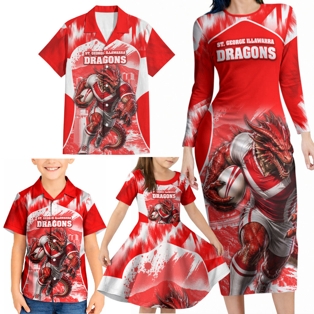 Personalised St. George Illawarra Dragons Mascot Rugby Family Matching Long Sleeve Bodycon Dress and Hawaiian Shirt Illawarra Coastline Athletic Graphic Print