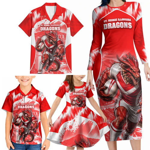 Personalised St. George Illawarra Dragons Mascot Rugby Family Matching Long Sleeve Bodycon Dress and Hawaiian Shirt Illawarra Coastline Athletic Graphic Print