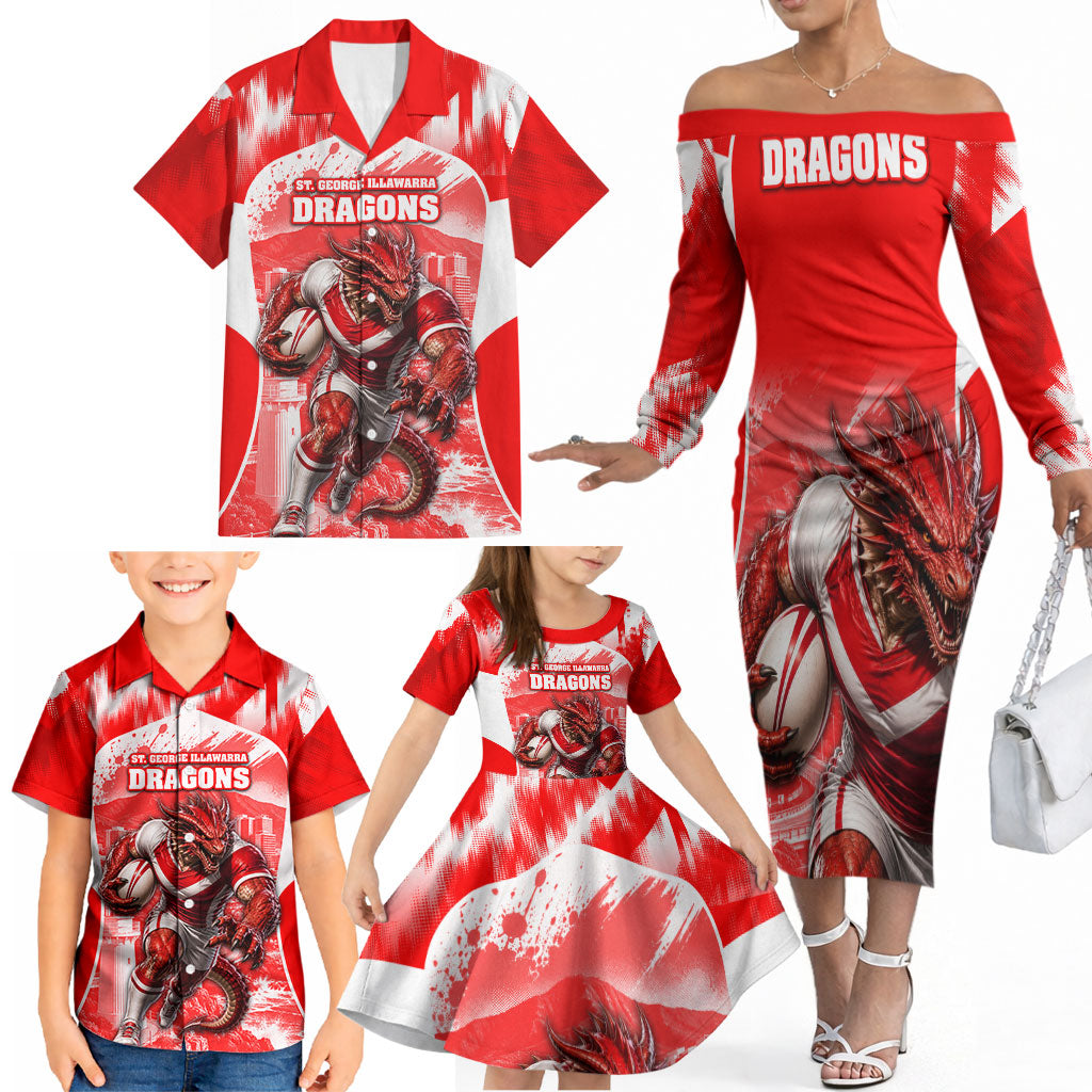 Personalised St. George Illawarra Dragons Mascot Rugby Family Matching Off The Shoulder Long Sleeve Dress and Hawaiian Shirt Illawarra Coastline Athletic Graphic Print