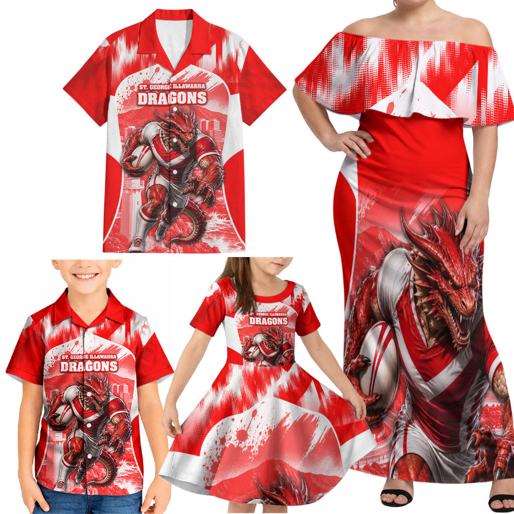 Personalised St. George Illawarra Dragons Mascot Rugby Family Matching Off Shoulder Maxi Dress and Hawaiian Shirt Illawarra Coastline Athletic Graphic Print