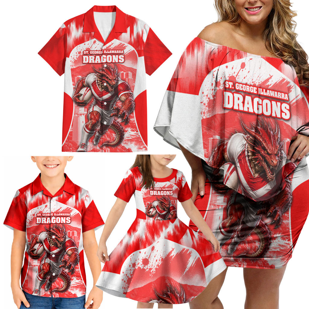 Personalised St. George Illawarra Dragons Mascot Rugby Family Matching Off Shoulder Short Dress and Hawaiian Shirt Illawarra Coastline Athletic Graphic Print