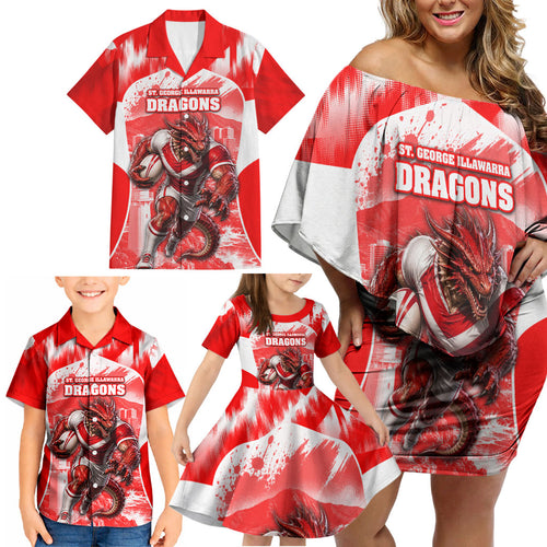 Personalised St. George Illawarra Dragons Mascot Rugby Family Matching Off Shoulder Short Dress and Hawaiian Shirt Illawarra Coastline Athletic Graphic Print