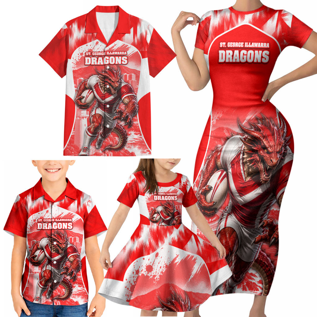Personalised St. George Illawarra Dragons Mascot Rugby Family Matching Short Sleeve Bodycon Dress and Hawaiian Shirt Illawarra Coastline Athletic Graphic Print