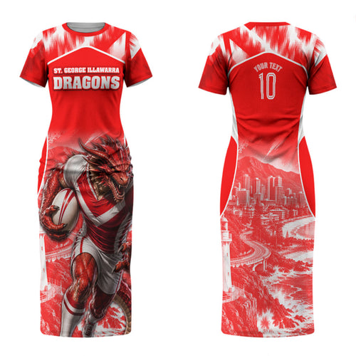 Personalised St. George Illawarra Dragons Mascot Rugby Family Matching Short Sleeve Bodycon Dress and Hawaiian Shirt Illawarra Coastline Athletic Graphic Print
