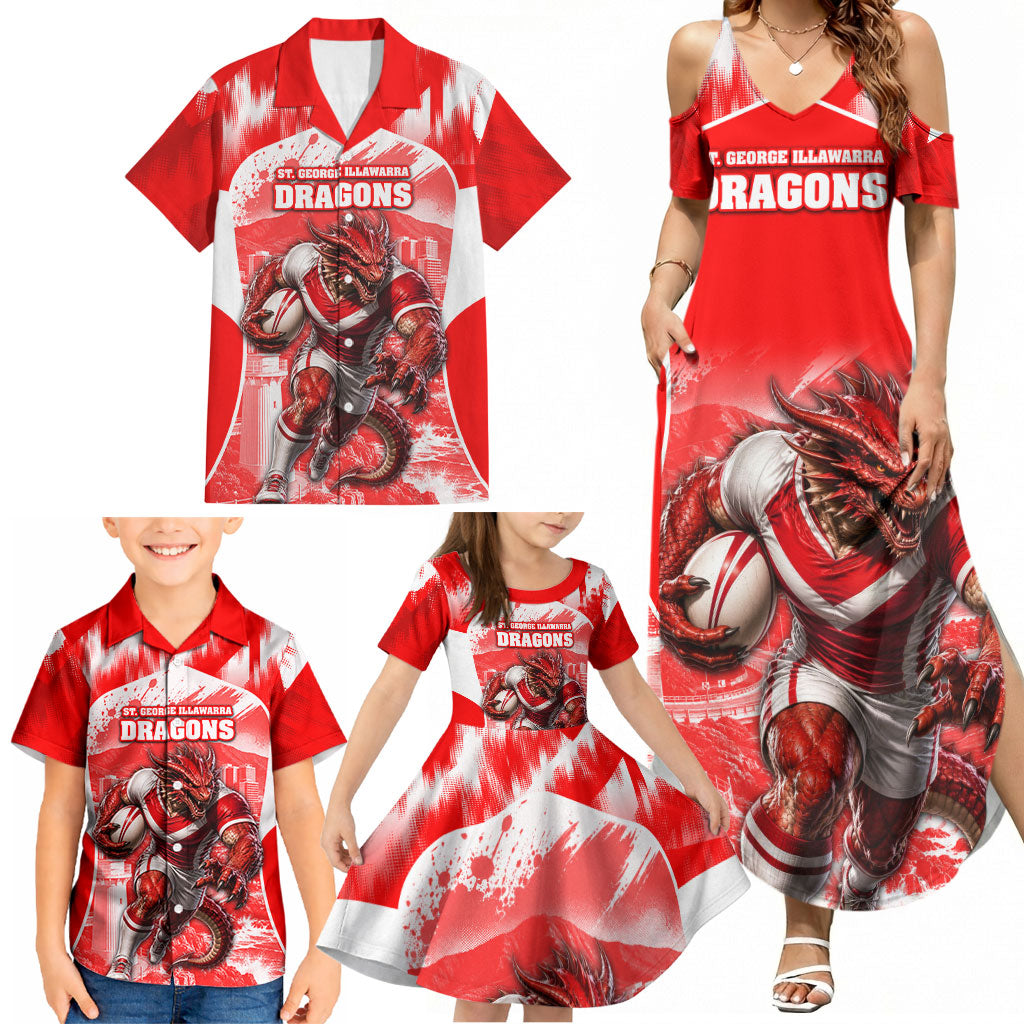 Personalised St. George Illawarra Dragons Mascot Rugby Family Matching Summer Maxi Dress and Hawaiian Shirt Illawarra Coastline Athletic Graphic Print