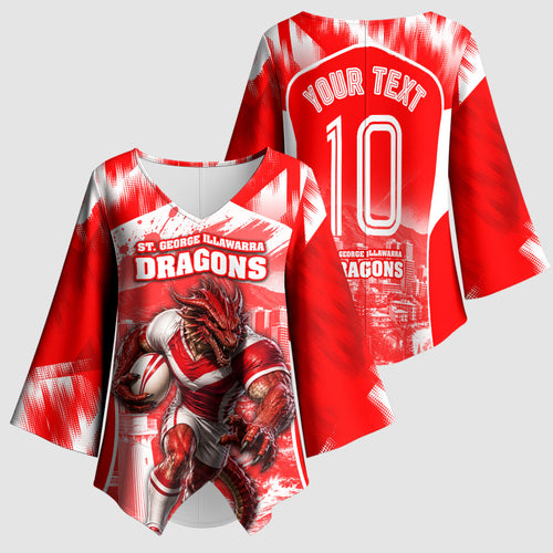 Personalised St. George Illawarra Dragons Mascot Rugby Kimono Sleeve Blouse Illawarra Coastline Athletic Graphic Print