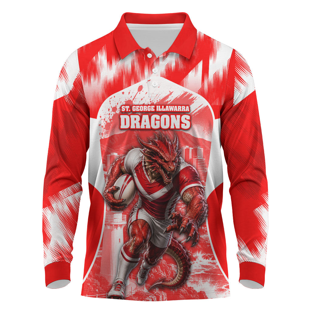 Personalised St. George Illawarra Dragons Mascot Rugby Long Sleeve Polo Shirt Illawarra Coastline Athletic Graphic Print