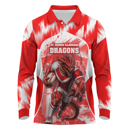 Personalised St. George Illawarra Dragons Mascot Rugby Long Sleeve Polo Shirt Illawarra Coastline Athletic Graphic Print
