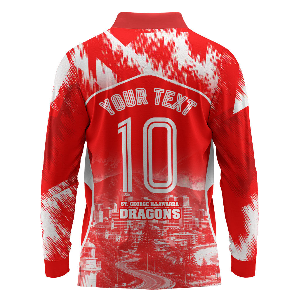 Personalised St. George Illawarra Dragons Mascot Rugby Long Sleeve Polo Shirt Illawarra Coastline Athletic Graphic Print