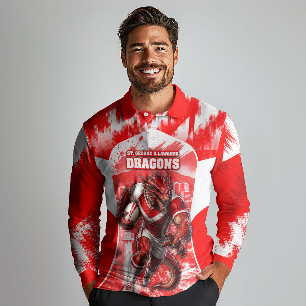 Personalised St. George Illawarra Dragons Mascot Rugby Long Sleeve Polo Shirt Illawarra Coastline Athletic Graphic Print