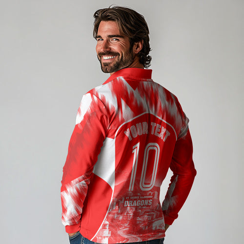 Personalised St. George Illawarra Dragons Mascot Rugby Long Sleeve Polo Shirt Illawarra Coastline Athletic Graphic Print