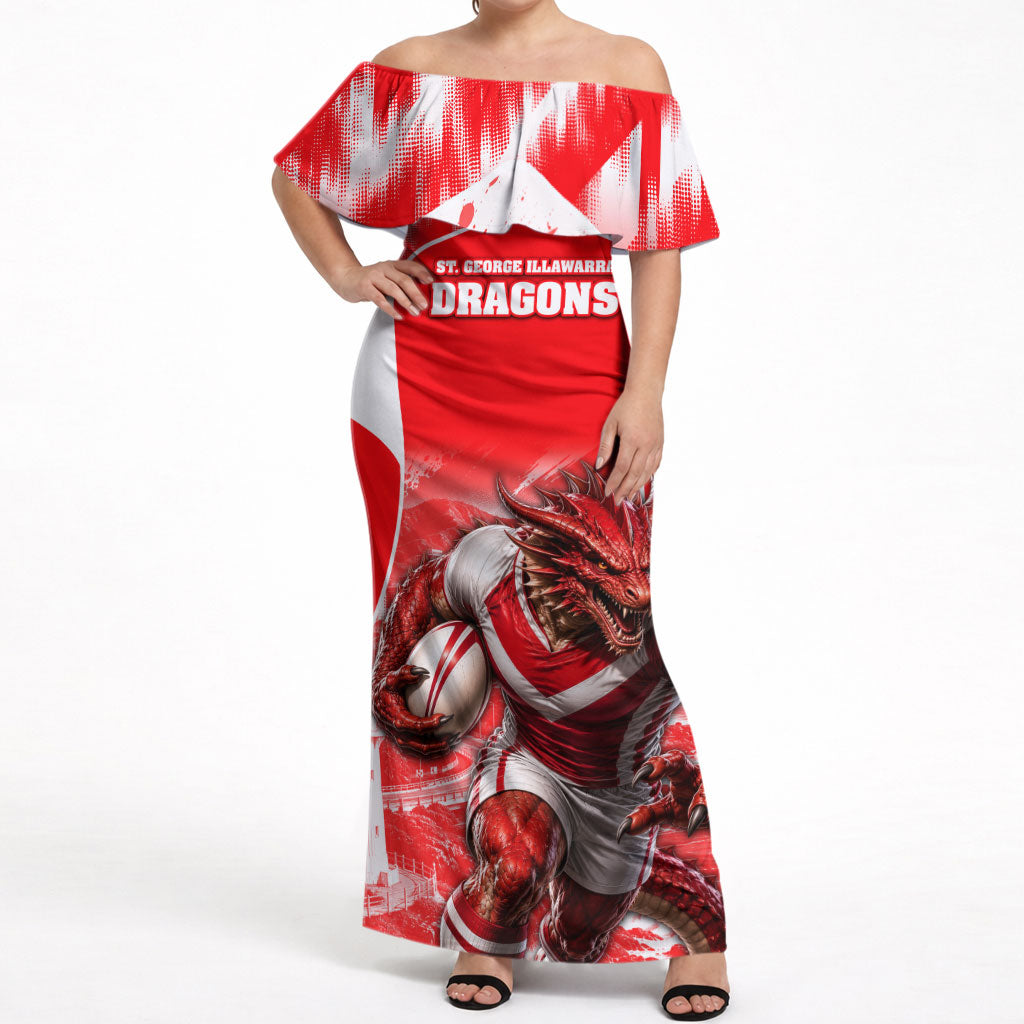 Personalised St. George Illawarra Dragons Mascot Rugby Off Shoulder Maxi Dress Illawarra Coastline Athletic Graphic Print