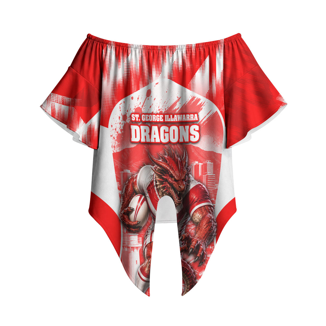 Personalised St. George Illawarra Dragons Mascot Rugby Off Shoulder Wrap Waist Top Illawarra Coastline Athletic Graphic Print