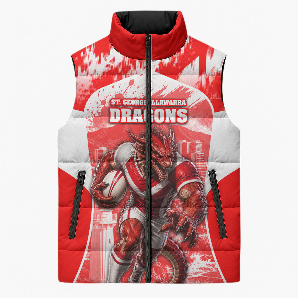 Personalised St. George Illawarra Dragons Mascot Rugby Sleeveless Puffer Jacket Illawarra Coastline Athletic Graphic Print