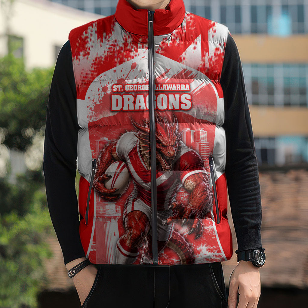 Personalised St. George Illawarra Dragons Mascot Rugby Sleeveless Puffer Jacket Illawarra Coastline Athletic Graphic Print