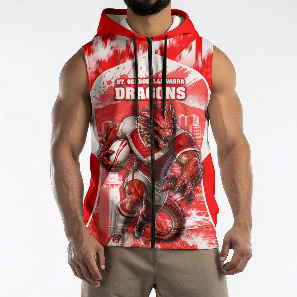 Personalised St. George Illawarra Dragons Mascot Rugby Sleeveless Zip Hoodie Illawarra Coastline Athletic Graphic Print
