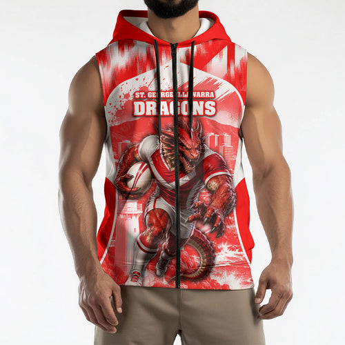 Personalised St. George Illawarra Dragons Mascot Rugby Sleeveless Zip Hoodie Illawarra Coastline Athletic Graphic Print