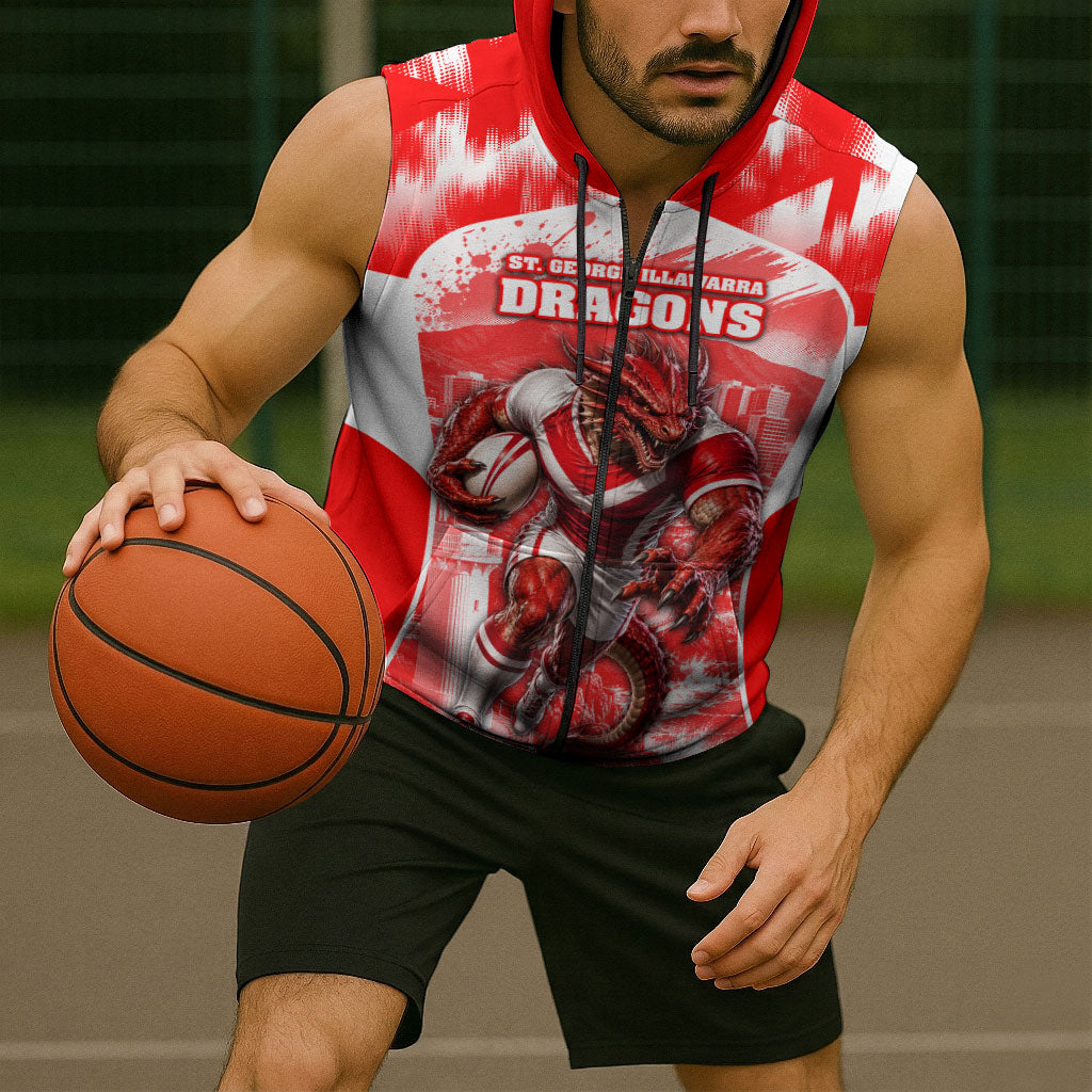 Personalised St. George Illawarra Dragons Mascot Rugby Sleeveless Zip Hoodie Illawarra Coastline Athletic Graphic Print