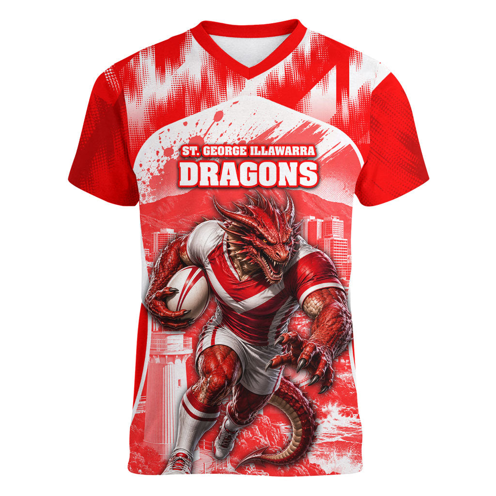 Personalised St. George Illawarra Dragons Mascot Rugby Women V-Neck T-Shirt Illawarra Coastline Athletic Graphic Print