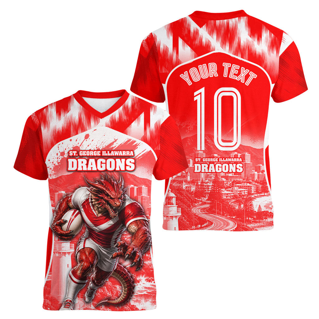 Personalised St. George Illawarra Dragons Mascot Rugby Women V-Neck T-Shirt Illawarra Coastline Athletic Graphic Print