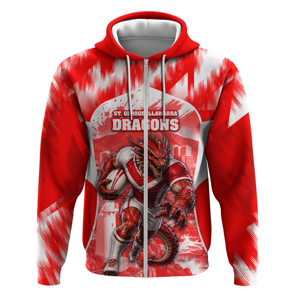 Personalised St. George Illawarra Dragons Mascot Rugby Zip Hoodie Illawarra Coastline Athletic Graphic Print
