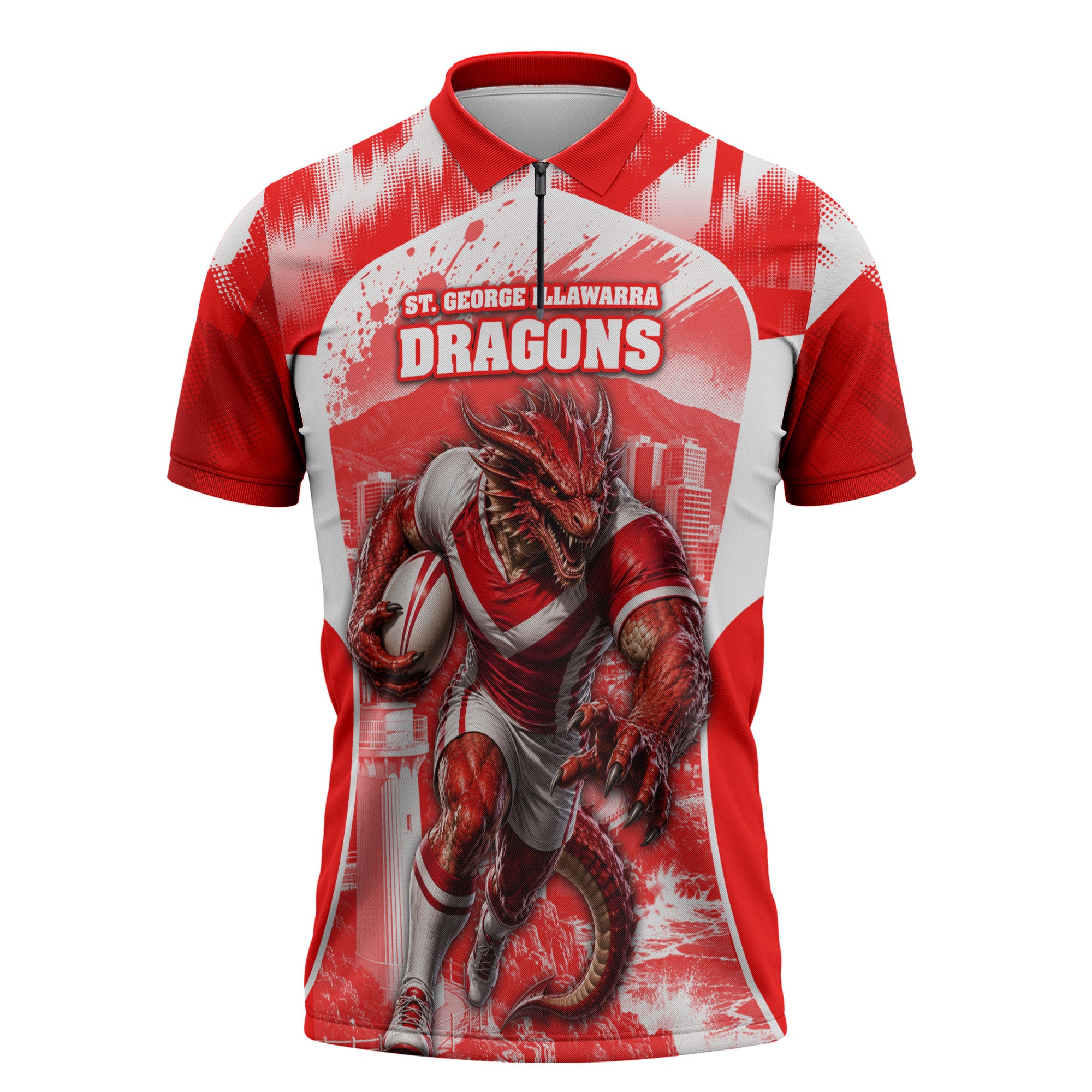 Personalised St. George Illawarra Dragons Mascot Rugby Zipper Polo Shirt Illawarra Coastline Athletic Graphic Print