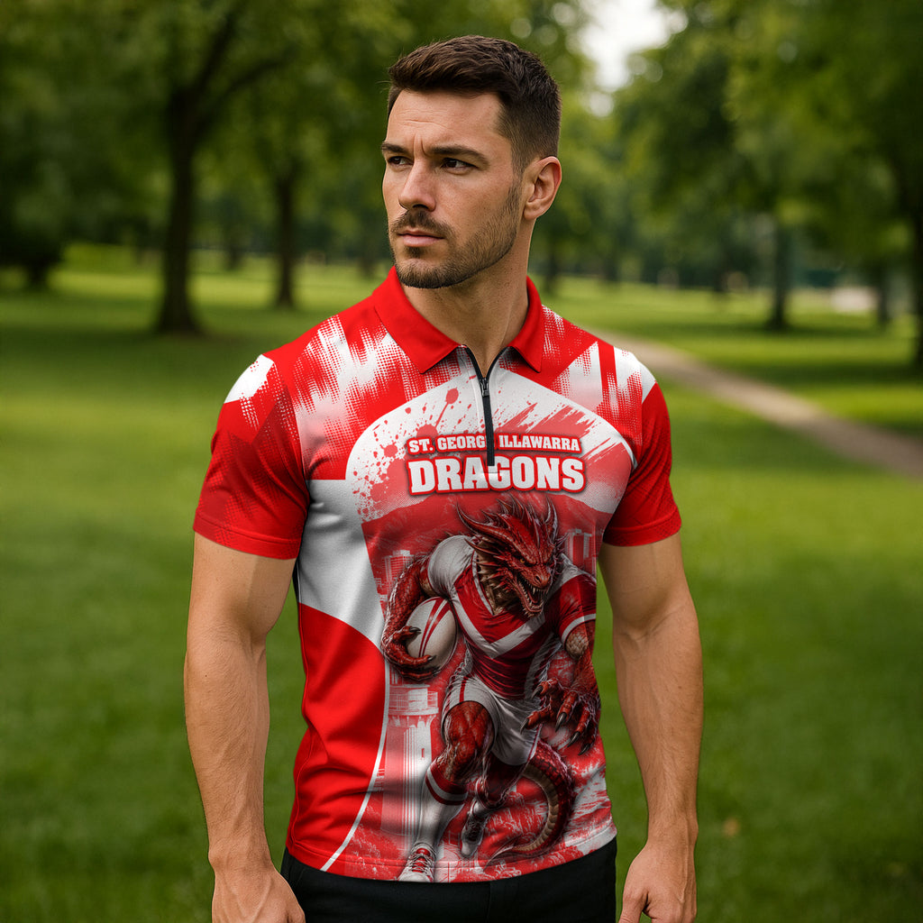 Personalised St. George Illawarra Dragons Mascot Rugby Zipper Polo Shirt Illawarra Coastline Athletic Graphic Print
