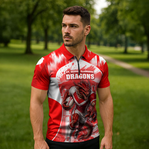 Personalised St. George Illawarra Dragons Mascot Rugby Zipper Polo Shirt Illawarra Coastline Athletic Graphic Print