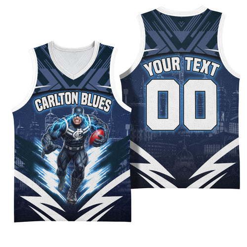 Personalised Carlton Blues Football Basketball Jersey Superhero Comic Art Dark Geometric City