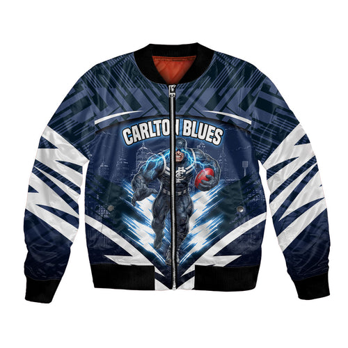 Personalised Carlton Blues Football Bomber Jacket Superhero Comic Art Dark Geometric City