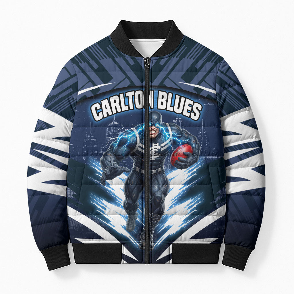 Personalised Carlton Blues Football Bomber Puffer Jacket Superhero Comic Art Dark Geometric City