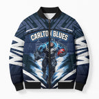 Personalised Carlton Blues Football Bomber Puffer Jacket Superhero Comic Art Dark Geometric City