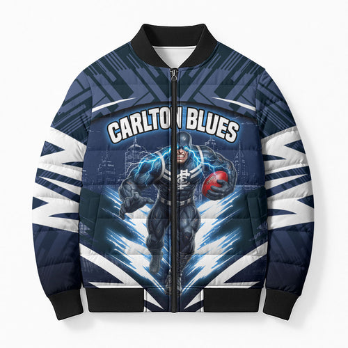 Personalised Carlton Blues Football Bomber Puffer Jacket Superhero Comic Art Dark Geometric City