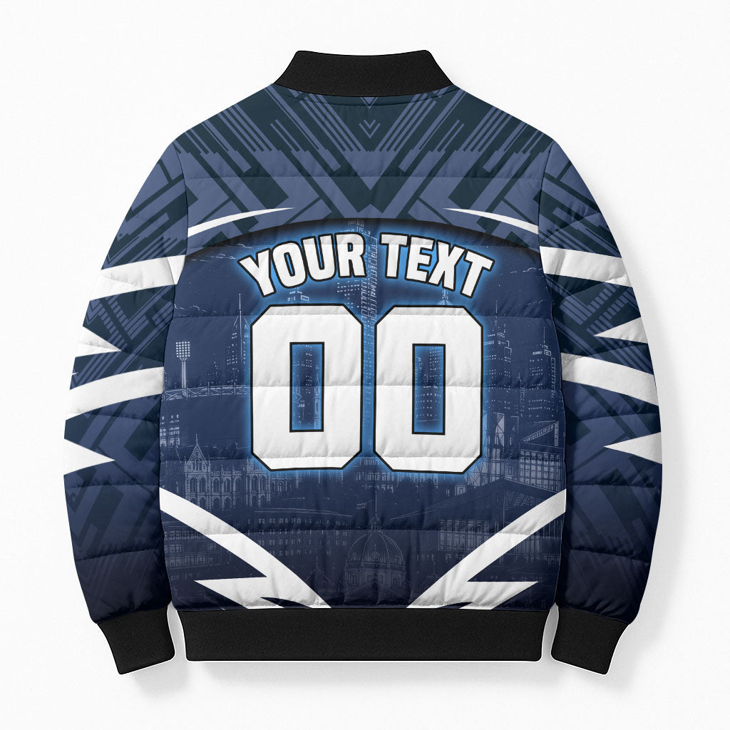 Personalised Carlton Blues Football Bomber Puffer Jacket Superhero Comic Art Dark Geometric City