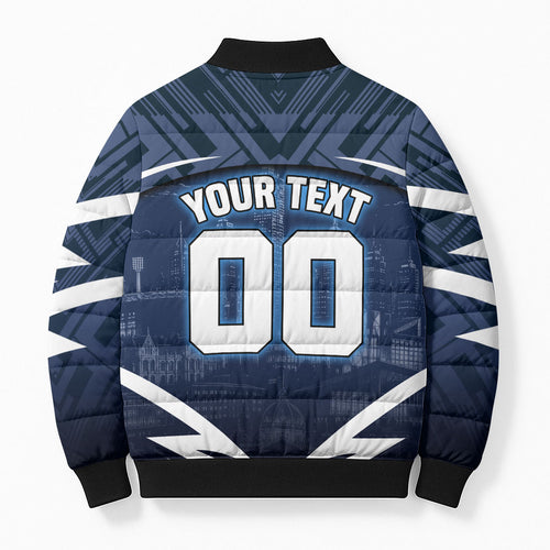 Personalised Carlton Blues Football Bomber Puffer Jacket Superhero Comic Art Dark Geometric City
