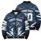 Personalised Carlton Blues Football Bomber Puffer Jacket Superhero Comic Art Dark Geometric City