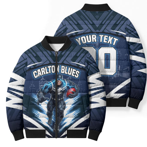 Personalised Carlton Blues Football Bomber Puffer Jacket Superhero Comic Art Dark Geometric City