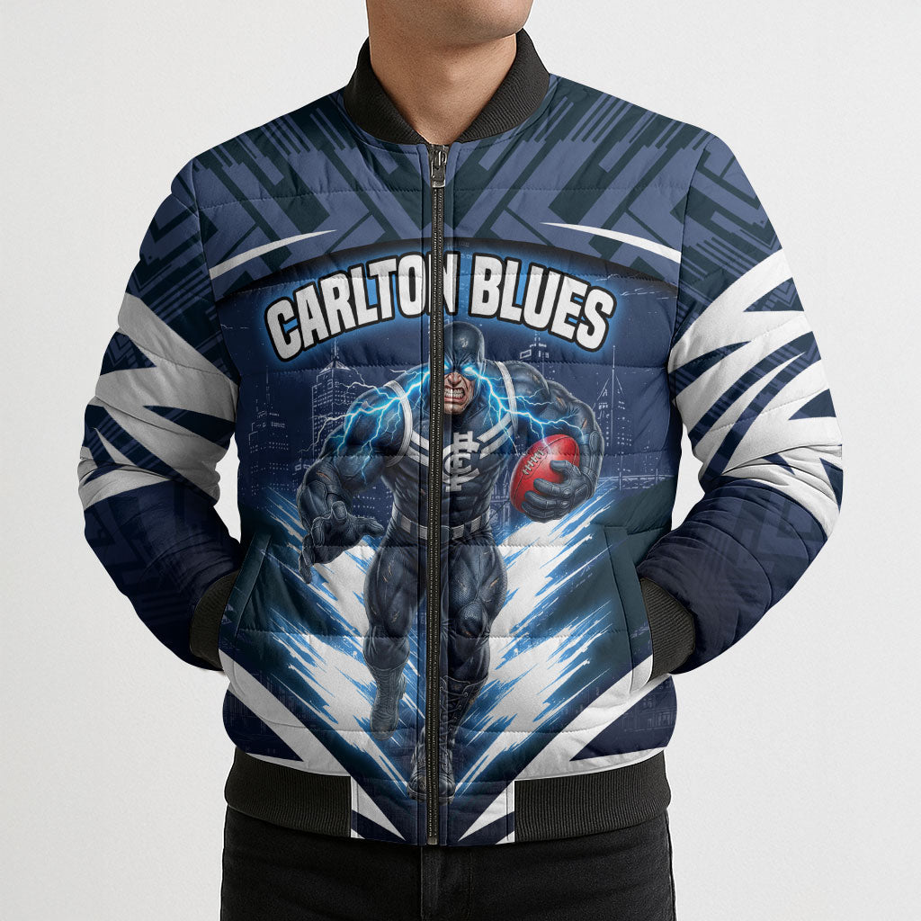 Personalised Carlton Blues Football Bomber Puffer Jacket Superhero Comic Art Dark Geometric City