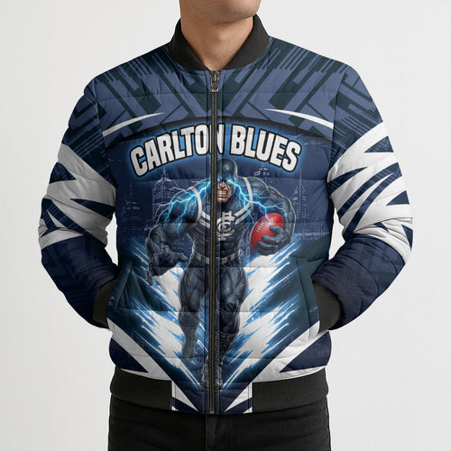 Personalised Carlton Blues Football Bomber Puffer Jacket Superhero Comic Art Dark Geometric City