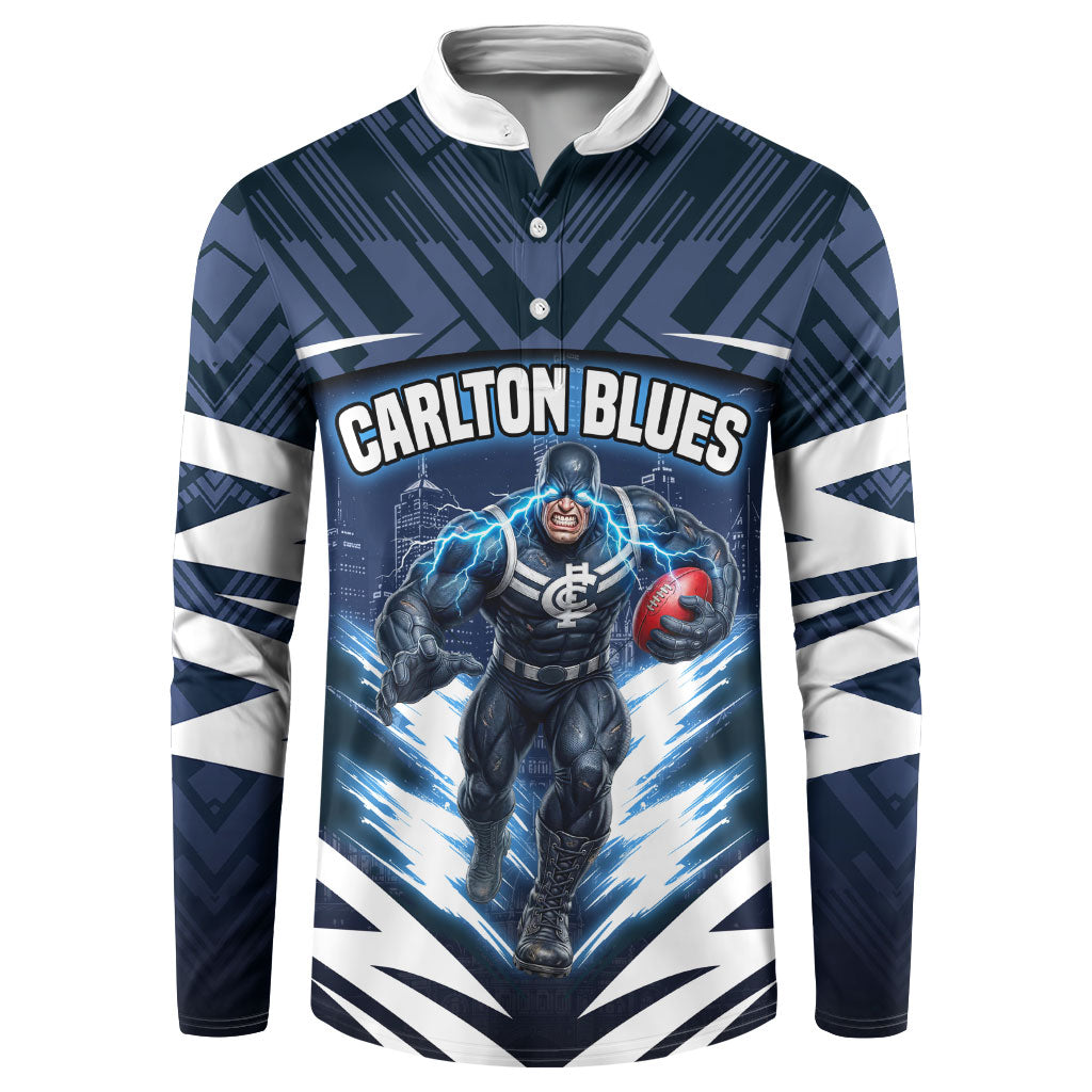 Personalised Carlton Blues Football Button Sweatshirt Superhero Comic Art Dark Geometric City