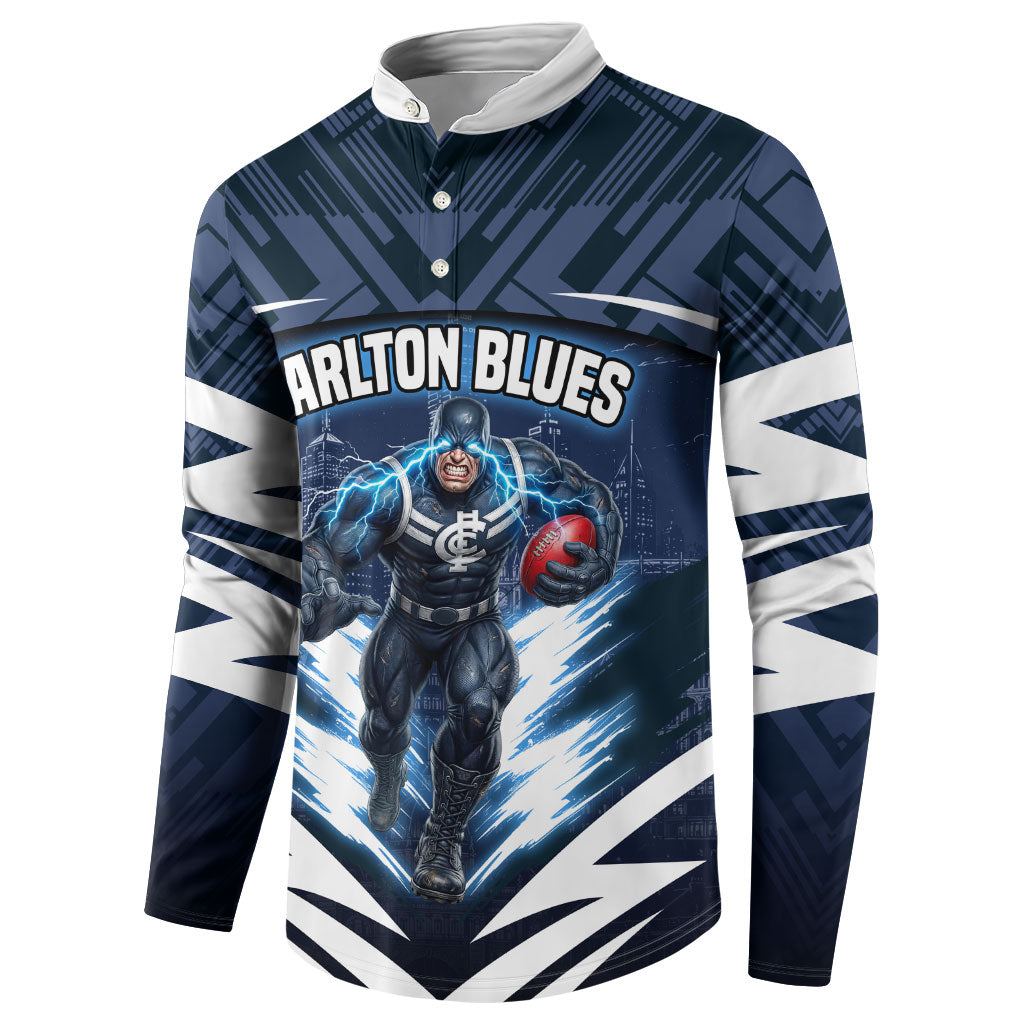 Personalised Carlton Blues Football Button Sweatshirt Superhero Comic Art Dark Geometric City