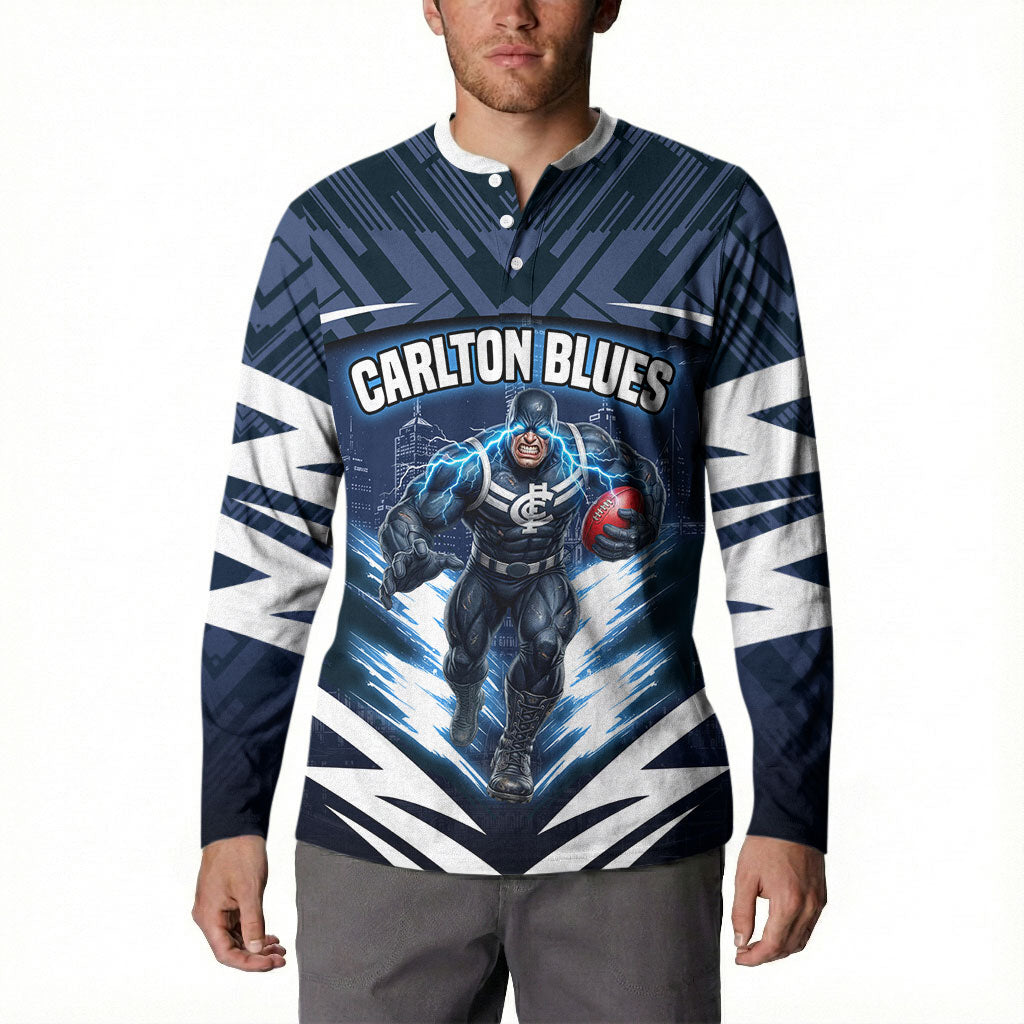 Personalised Carlton Blues Football Button Sweatshirt Superhero Comic Art Dark Geometric City