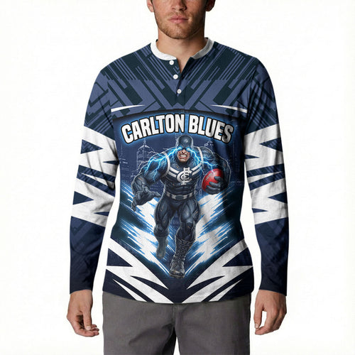 Personalised Carlton Blues Football Button Sweatshirt Superhero Comic Art Dark Geometric City