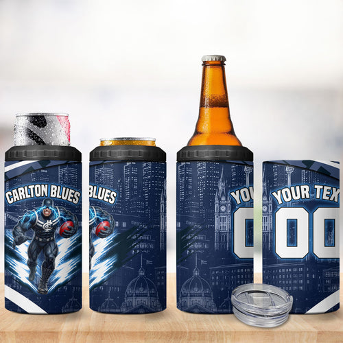 Personalised Carlton Blues Football 4 in 1 Can Cooler Tumbler Superhero Comic Art Dark Geometric City