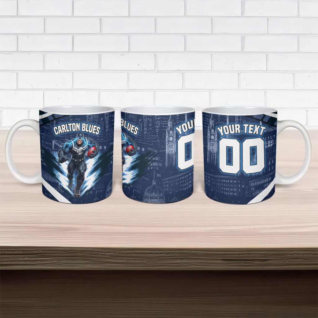 Personalised Carlton Blues Football Ceramic Mug Superhero Comic Art Dark Geometric City