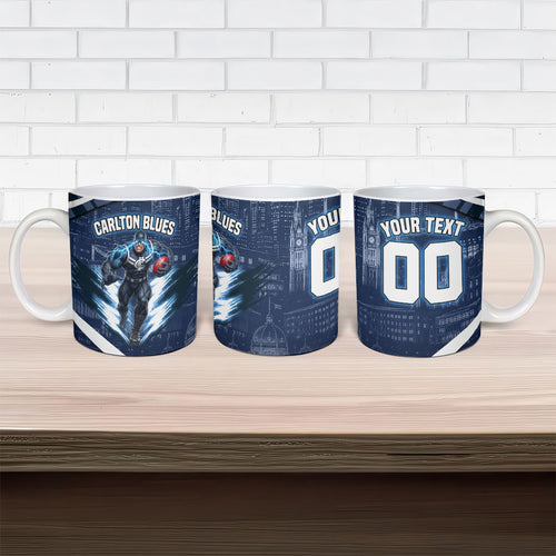 Personalised Carlton Blues Football Ceramic Mug Superhero Comic Art Dark Geometric City