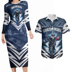 Personalised Carlton Blues Football Couples Matching Long Sleeve Bodycon Dress and Hawaiian Shirt Superhero Comic Art Dark Geometric City