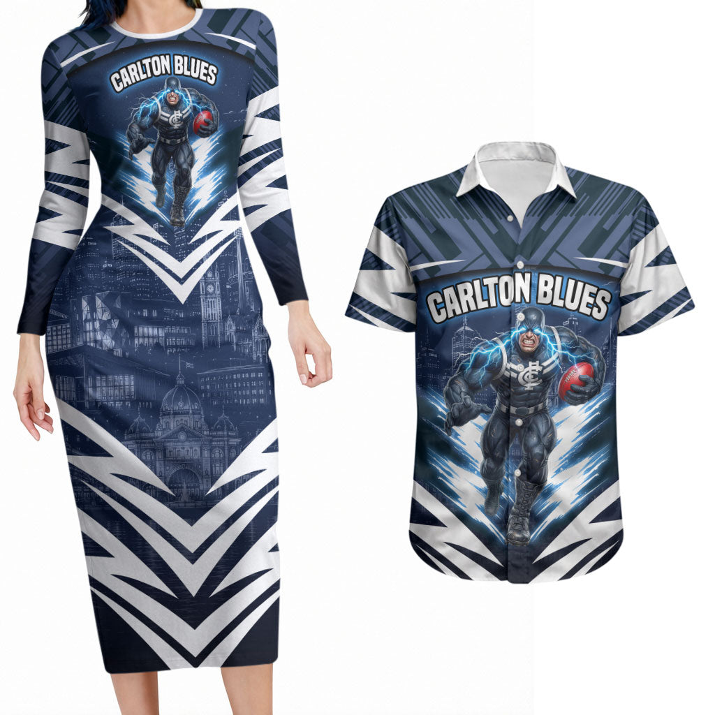 Personalised Carlton Blues Football Couples Matching Long Sleeve Bodycon Dress and Hawaiian Shirt Superhero Comic Art Dark Geometric City