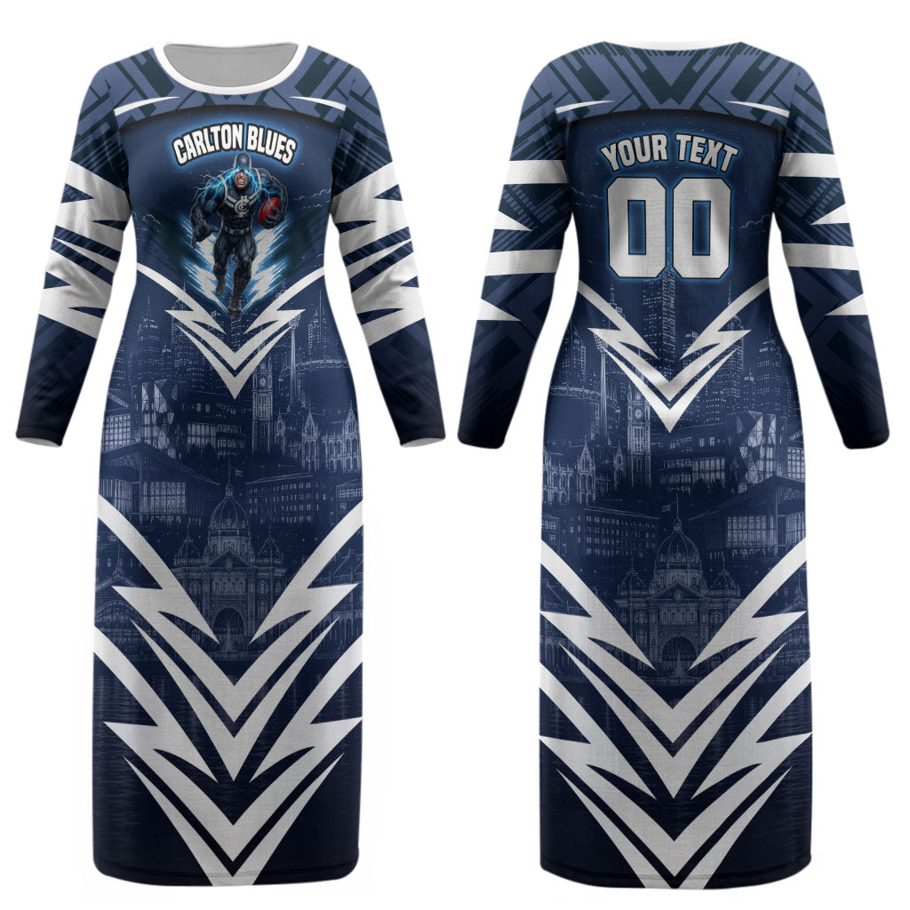 Personalised Carlton Blues Football Couples Matching Long Sleeve Bodycon Dress and Hawaiian Shirt Superhero Comic Art Dark Geometric City