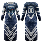 Personalised Carlton Blues Football Couples Matching Long Sleeve Bodycon Dress and Hawaiian Shirt Superhero Comic Art Dark Geometric City